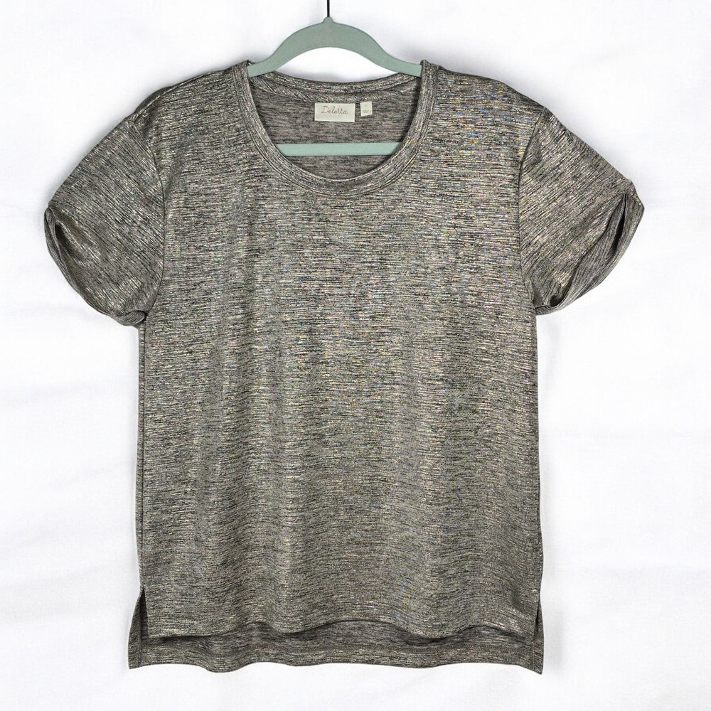 Deletta Anthropologie Casual Top Women Small Metallic Lurex Knit Short Sleeve